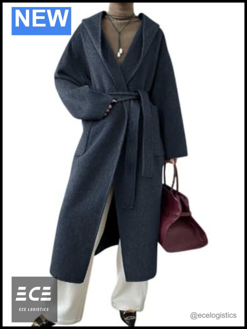Women's Winter Open Front Belted Wool Coat Hooded Midi Long Pea Coat